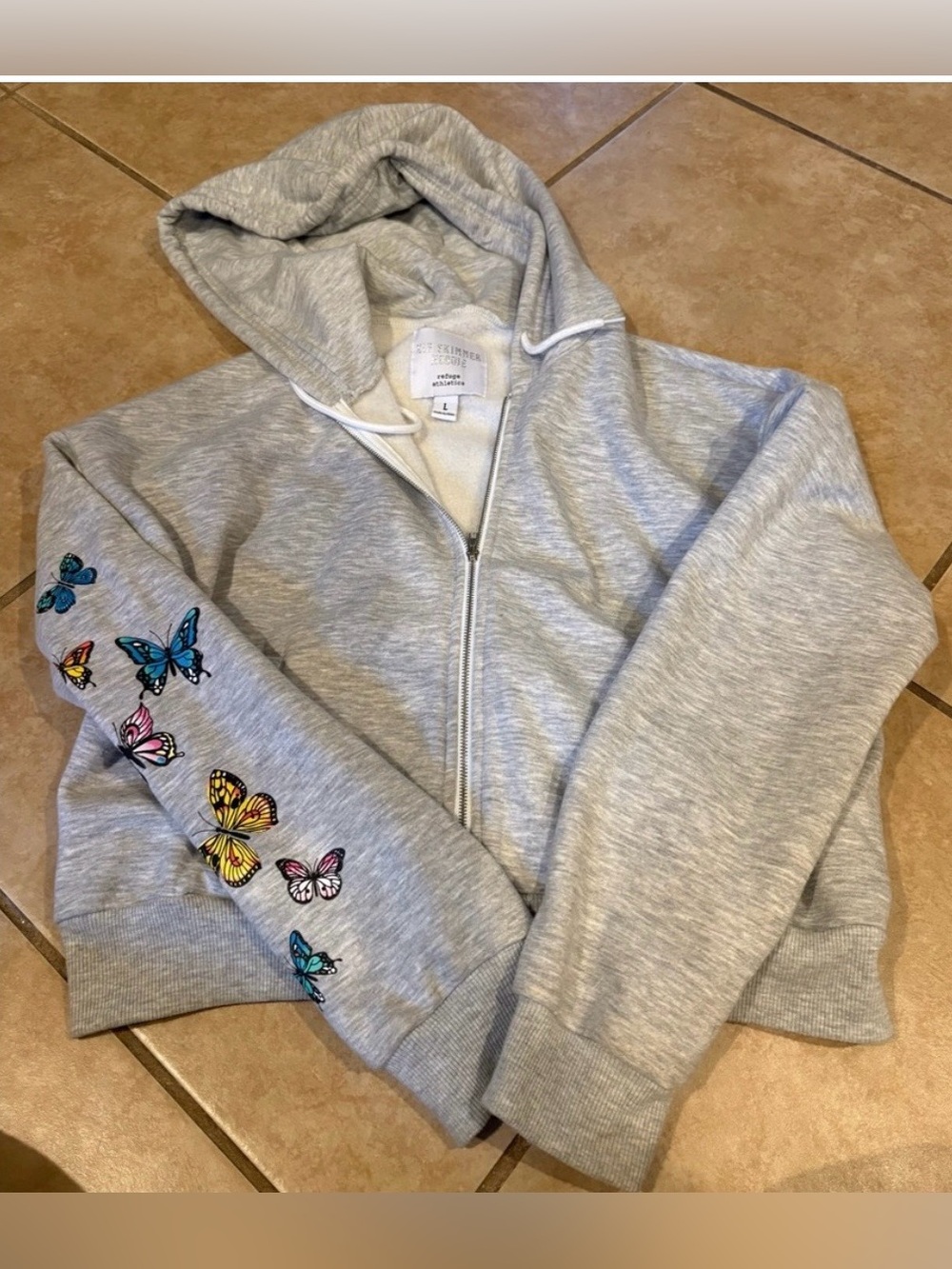refuge Light Gray Zip-Up Hoodie with Colorful Butterfly Sleeves
